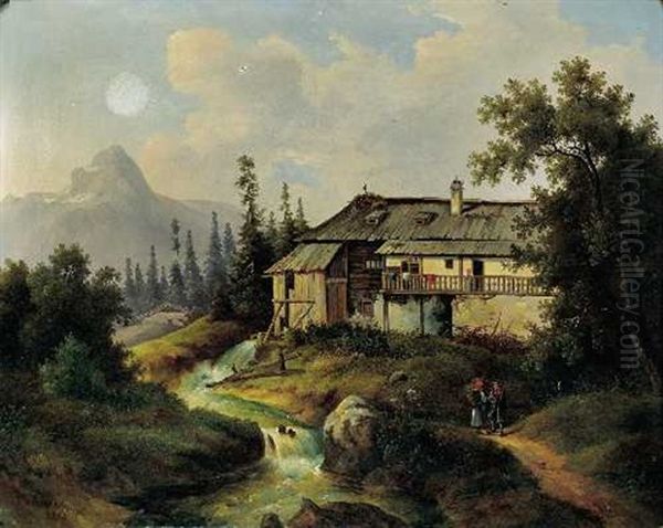 Muhlbach Am Wildbach Mit Figurlicher Staffage Oil Painting by Josef Jonas