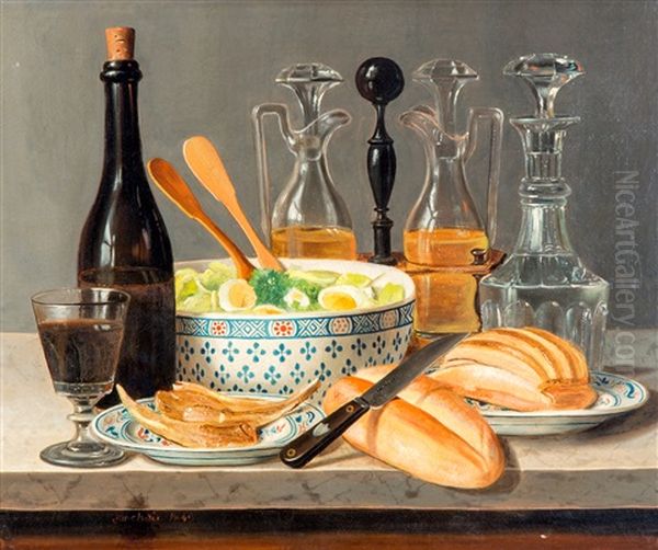 Dejeuner With Salad And Wine Oil Painting by Gabriel-Germain Joncherie