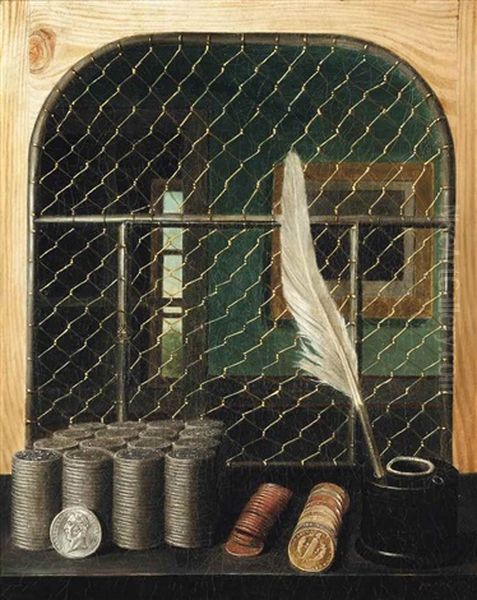 A Trompe L'oeil Bank Interior With Coins And Inkwell Oil Painting by Gabriel-Germain Joncherie