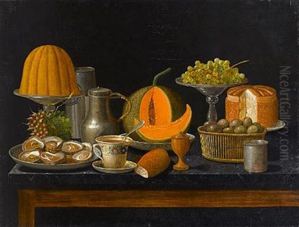 Oysters On A Charger, With Grapes On A Silver Tazza, A Basket Of Eggs With A Bunch Of Radishes, A Bread Roll, A Pewter Jug On A Marble-topped Table Oil Painting by Gabriel-Germain Joncherie