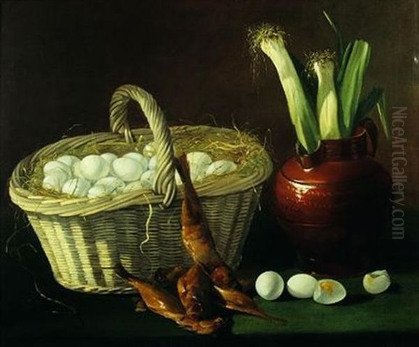 Nature Morte Au Panier D'oeufs, Poissons Et Poireaux Oil Painting by Gabriel-Germain Joncherie