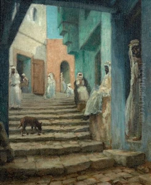 Ruelle Animee Dans La Kasbah D'alger Lively Street In Algier Oil Painting by Leonce J. V. de Joncieres