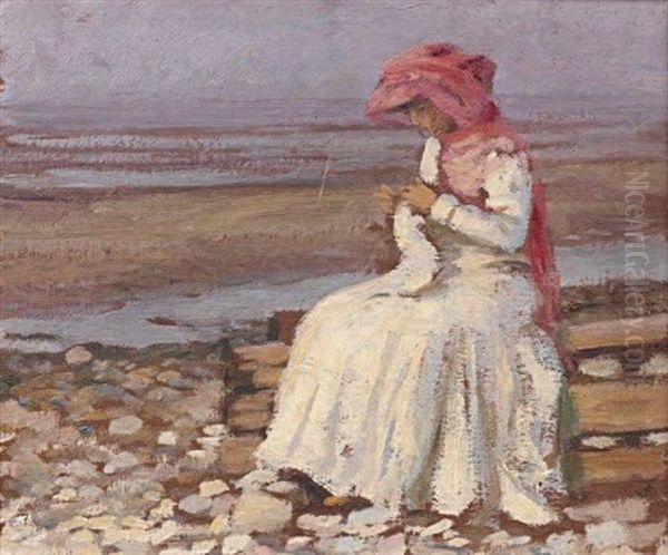 Femme Assise Sur Une Plage Oil Painting by Leonce J. V. de Joncieres