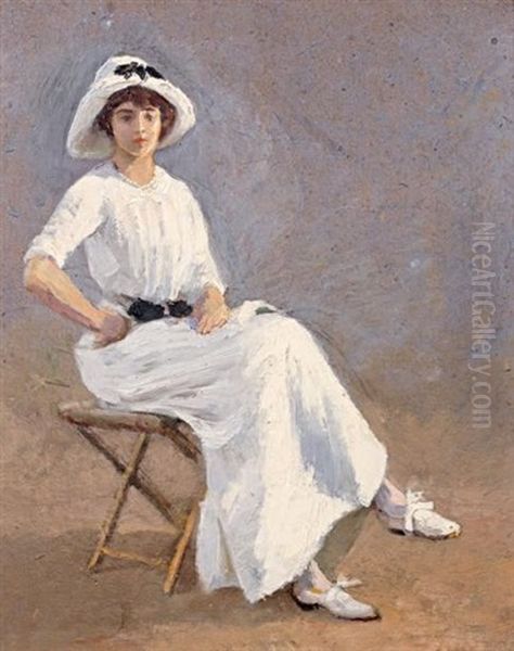 Jeune Femme Vetue De Blanc, Assise Sur Un Pliant Oil Painting by Leonce J. V. de Joncieres