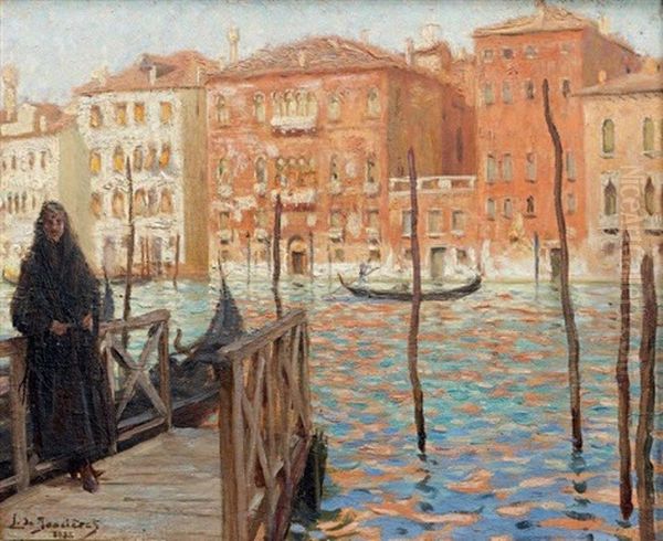 Femme En Noir Sur Un Ponton A Venise Oil Painting by Leonce J. V. de Joncieres