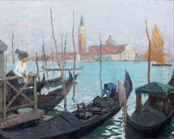 Jeune Femme Au Chapeau Gris A Venise, San Giorgio Dans Le Fond Oil Painting by Leonce J. V. de Joncieres