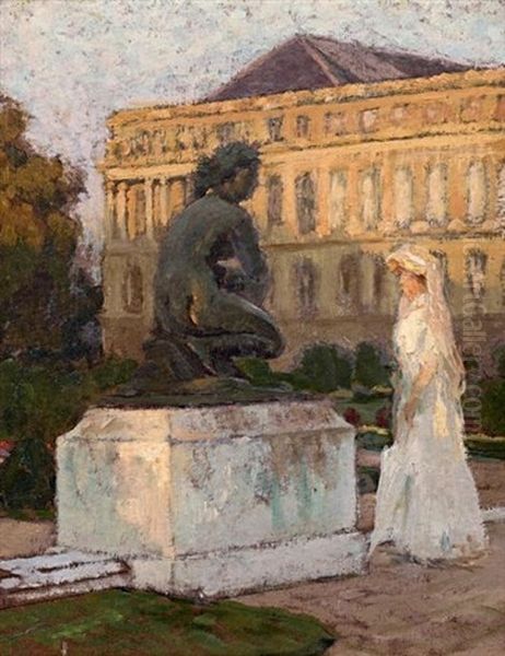 Femme En Robe Blanche Pres De La Venus Pudique Dans Le Parc De Versailles Oil Painting by Leonce J. V. de Joncieres