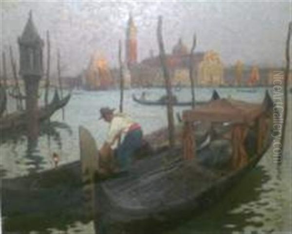 Gondoles A Venise Oil Painting by Leonce J. V. de Joncieres