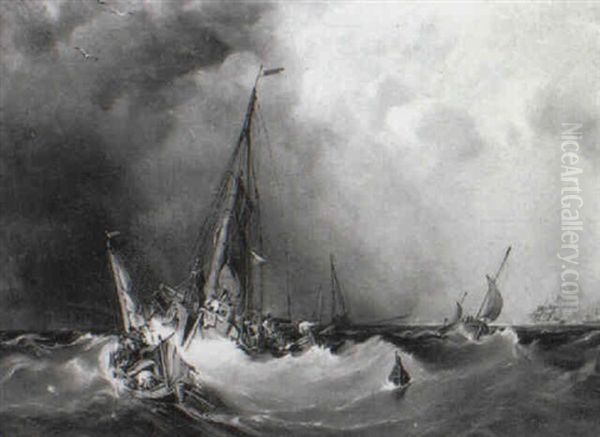 Fishing Boats In A Storm Oil Painting by Rev. Calvert Richard Jones