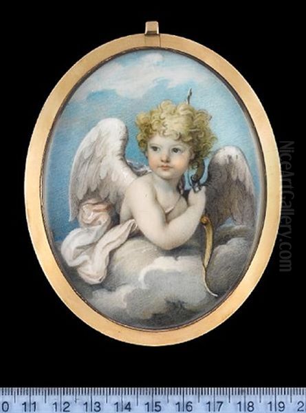 A Child In The Guise Of Cupid, With Feathered Wings And Holding A Bow, Surrounded By Clouds Oil Painting by Charlotte Jones