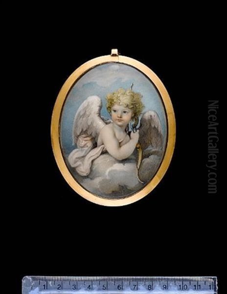 A Child In The Guise Of Cupid, With Feathered Wings And Holding A Bow, Surrounded By Clouds Oil Painting by Charlotte Jones