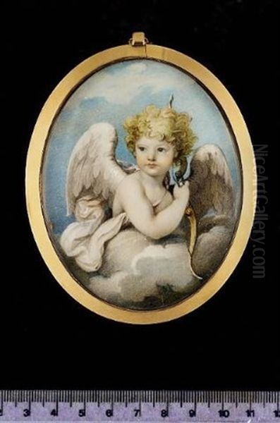 A Child In The Guise Of Cupid, With Feathered Wings And Holding A Bow, Surrounded By Clouds Oil Painting by Charlotte Jones