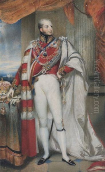 William Frederick, 2nd Duke Of Gloucester, Wearing The Mantle And Collar Of The Garter Over Scarlet Coat, A Crown By His Side, Windsor Castle In The Distance Oil Painting by Charlotte Jones