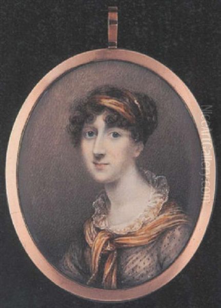 Frances Mary Hannah Gamble Wearing Black Spotted White Dress With White Lace Collar, Yellow Scarf And Matching Bandeau In Her Upswept Curled Hair Oil Painting by Charlotte Jones