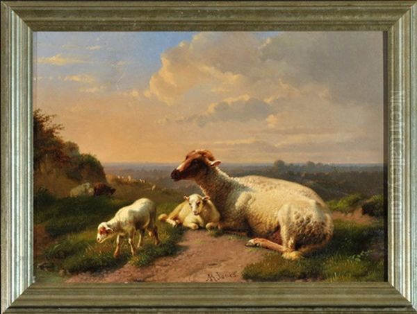 Schaf Mit Zwei Lammern Auf Der Weide Mit Blick In Eine Weite Landschaft Oil Painting by Daniel-Adolphe-Robert Jones