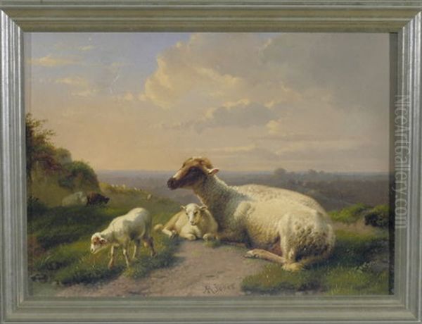 Schaf Mit Zwei Lammern Auf Der Weide Mit Blick In Eine Weite Landschaft Oil Painting by Daniel-Adolphe-Robert Jones