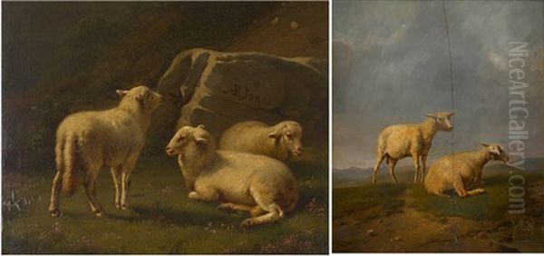 Trois Moutons Au Rocher (+ Deux Moutons Sur Fond De Paysage; 2 Works) Oil Painting by Daniel-Adolphe-Robert Jones