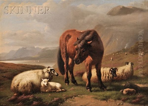 Highlands Landscape With Sheep And Pony Before A Loch Oil Painting by Daniel-Adolphe-Robert Jones