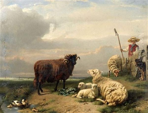 Berger, Belier, Brebis Et Agneaux Oil Painting by Daniel-Adolphe-Robert Jones