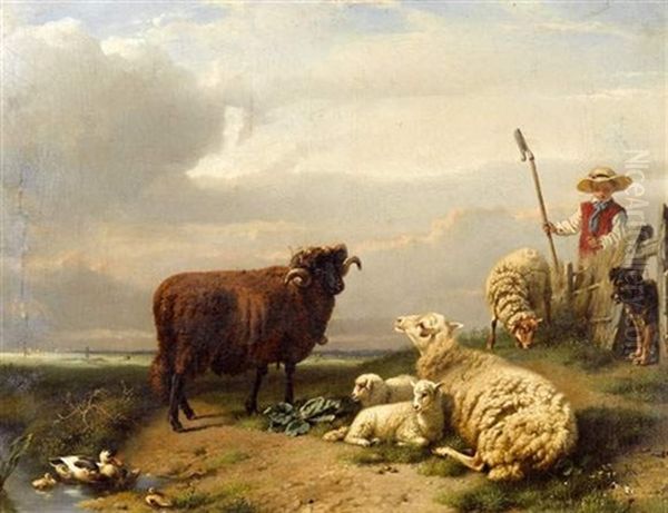 Berger, Belier, Brebis Et Agneaux Oil Painting by Daniel-Adolphe-Robert Jones