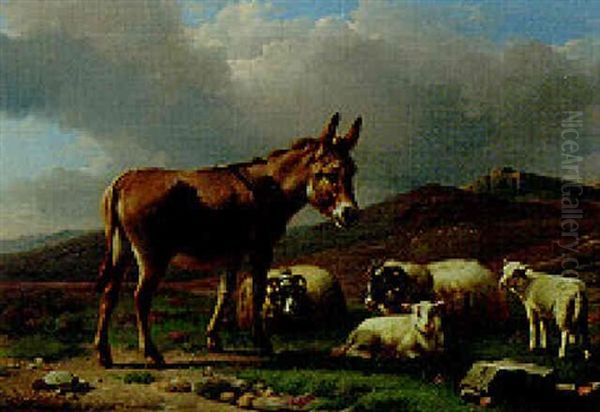 A Donkey With Sheep And Lambs In A Landscape Oil Painting by Daniel-Adolphe-Robert Jones