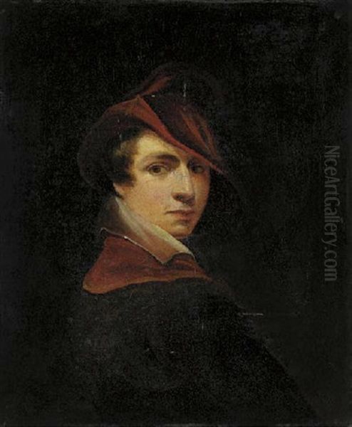 Portrait Of The Artist (?) In A Brown Coat With Red Collar And Red Hat Oil Painting by George Jones