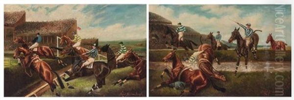 The Water Jump In The Grand National Steeplechase, 1913 And The Open Ditch In The Grand National Steeplechase, 1913:two Oil Painting by Herbert H. St. John Jones