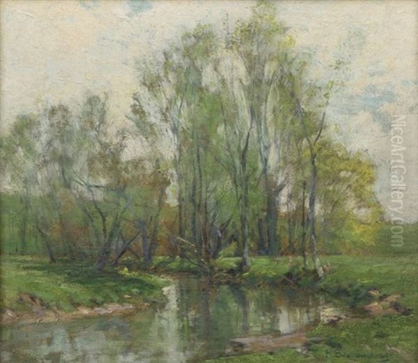 River Through A Tree-lined Landscape Oil Painting by Hugh Bolton Jones