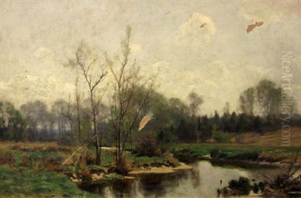 Stream In A Country Landscape Oil Painting by Hugh Bolton Jones