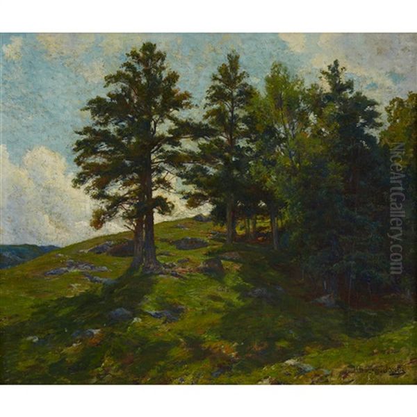 Hilly Landscape With Evergreens Oil Painting by Hugh Bolton Jones