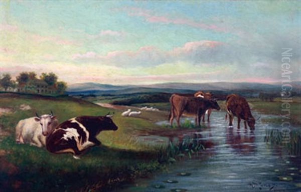 Cows Watering In A Stream, Distant Farmhouse Oil Painting by Hugh Bolton Jones