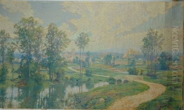 Extensive River Landscape With Village Beyond (collab. W/francis Coates Jones) Oil Painting by Hugh Bolton Jones