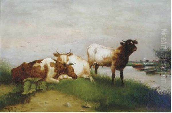 A Cow And A Calf On A Riverbank Oil Painting by Hugh Bolton Jones