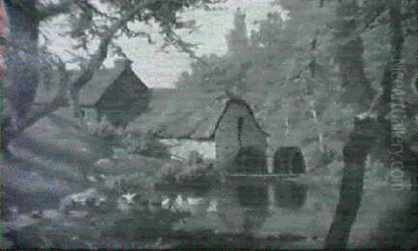 Ducks At The Mill Pond Oil Painting by Hugh Bolton Jones