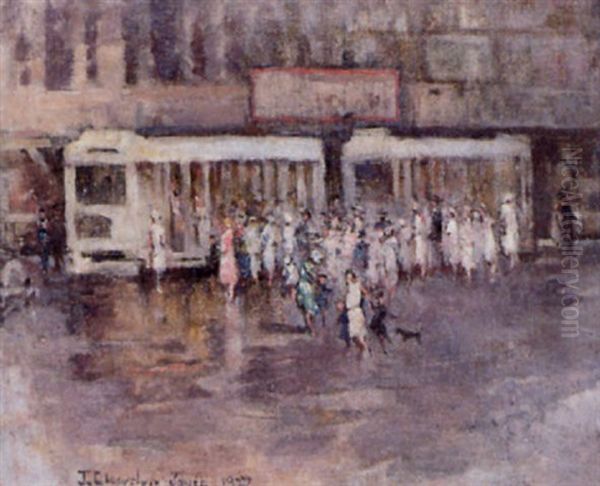 Tram Stop Oil Painting by John Llewellyn Jones