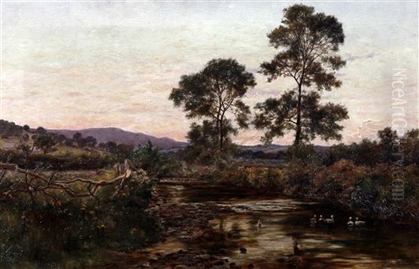 River Landscape At Sunset Oil Painting by Josiah Clinton Jones