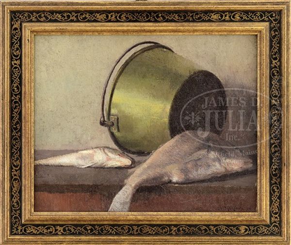 Still Life Of Fish On A Table With Brass Bucket Oil Painting by Leon Foster Jones