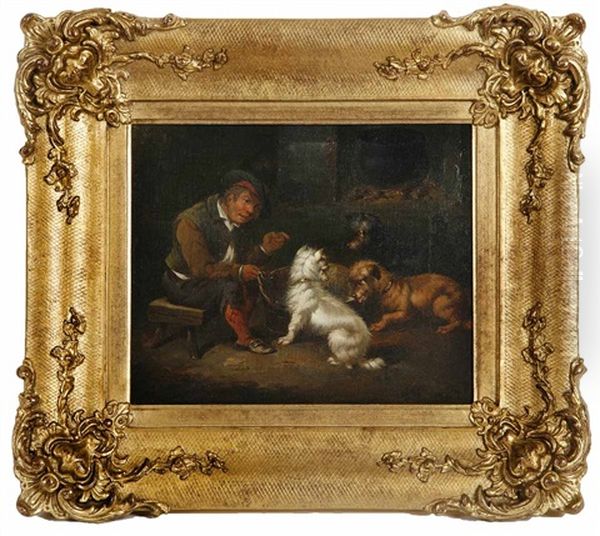 Three Terriers In A Cottage Interior With Man (2 Works) Oil Painting by Paul Jones