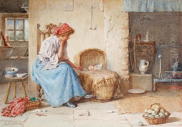 A Constant Care; A New Hairstyle Oil Painting by A. D. Bastin