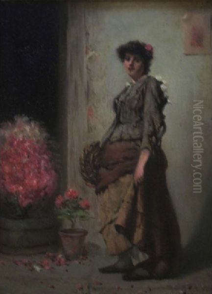 A Flower Girl Oil Painting by A. D. Bastin