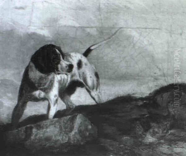 A Pointer Surprising A Grouse In A Rocky Landscape Oil Painting by Paul Jones