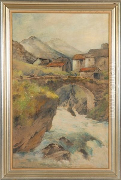 A Woman And Goats Crossing A Stone Bridge With A Small Village And Mountains In The Background Oil Painting by Reginald T. Jones