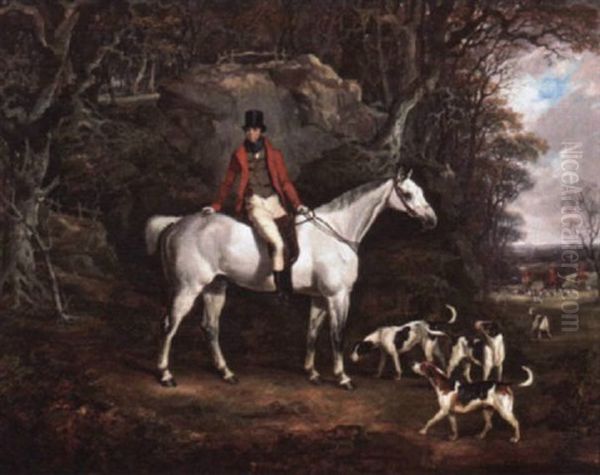 Portrait Of Rowland, Viscount Hill On His Grey Hunter With The Shropshire Hunt In The Distance Oil Painting by Richard Jones