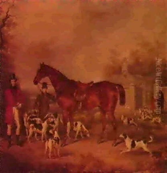 Portrait Of A Huntsman And Hiswhipper-in With A Bay Hunter  And Hounds Before Woodfold Park, Blackburn. Oil Painting by Richard Jones