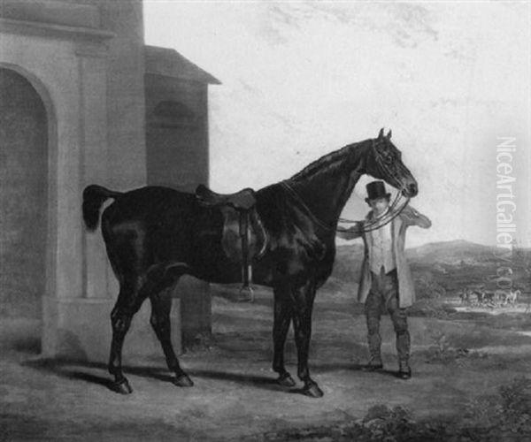 A Dark Bay Hunter Held By A Groom In A Landscape Oil Painting by Richard Jones