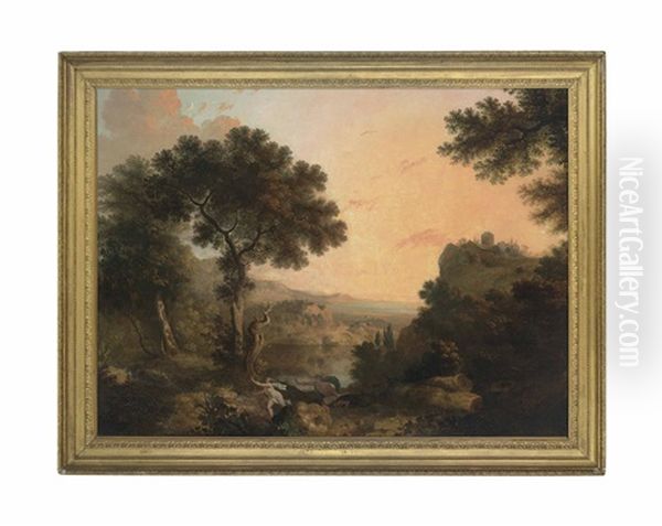 A Wooded River Landscape At Dusk With Alpheus And Arethusa In The Foreground Oil Painting by Thomas Jones