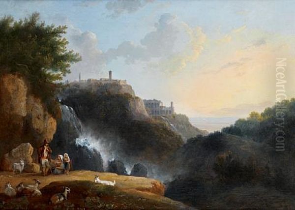 A Shepherd And Shepherdesses Grazing Their Herd Before The Cascatelle At Tivoli With The Ruins Of The Sanctuary Of Hercules Victor, Formerly Thought To Be Those Of The Villa Of Maecenas, In The Distance Oil Painting by Thomas Jones