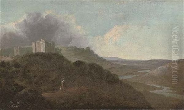 A Mountainous Wooded River Landscape With Figures In The Foreground And A Castle, (st. Briavels ?) On The Wye Oil Painting by Thomas Jones