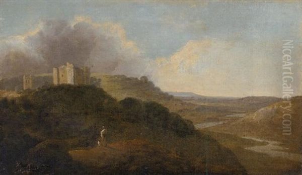 A Hilly Wooded River Landscape With Two Figures In The Foreground And A Castle, St. Briavels (?), On The Wye, Beyond by Thomas Jones