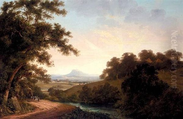 A Horse And Carriage On A Path In A River Landscape Oil Painting by Thomas Jones